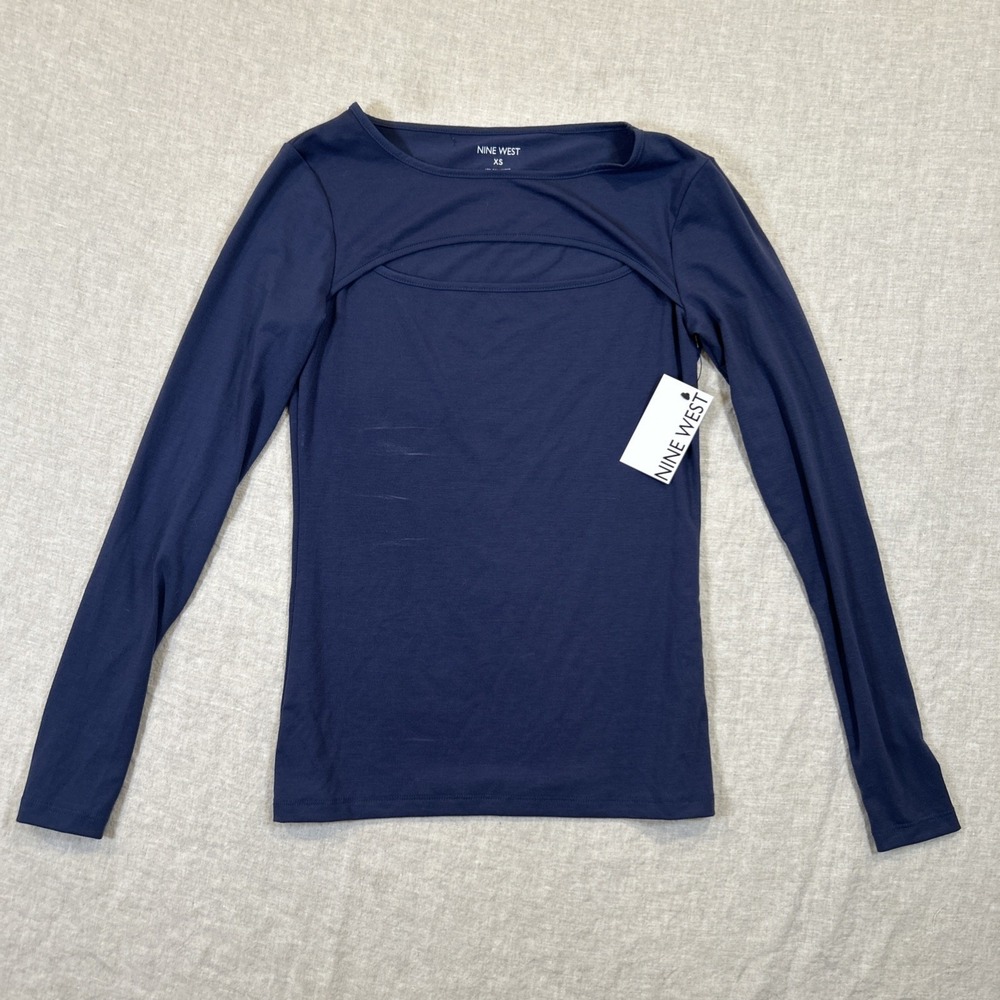 Nine West Blue Cut-Out Long Sleeve Scoop Neck Knit Stretch Shirt, XS